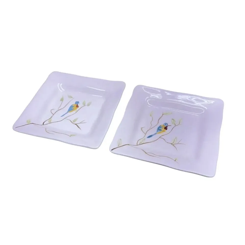 Pier 1 ROBIN Earthenware 8.25in Square Scalloped Edge Plate Bird Twig Lot of 2